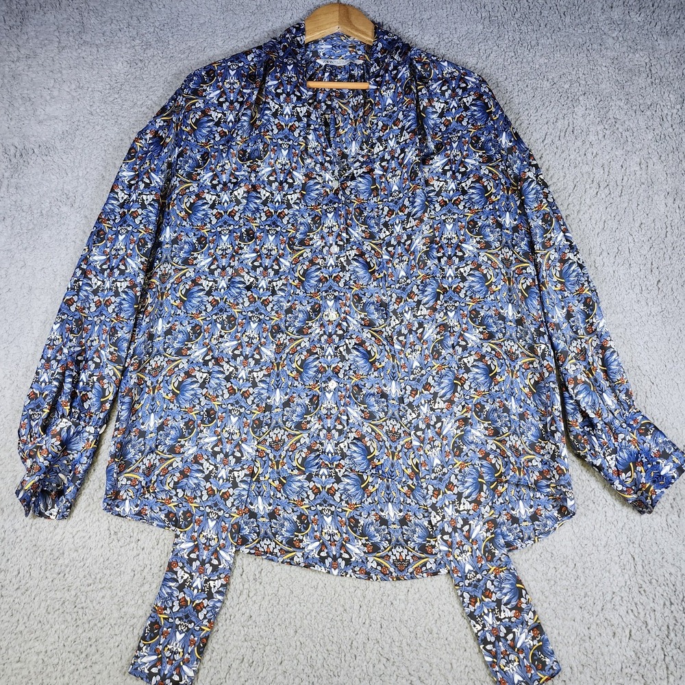 Zara Join Life Floral Blue Tie Neck Bow Blouse Satin Small